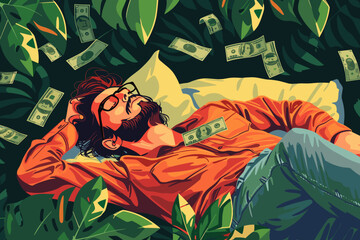 Passive Income Dream - Businessman Sleeping on Rising Stock Market Graph, Easy Money from Crypto and Mutual Funds. Get Rich Quick Investment Concept. Vector Illustration for Financial Blog, Ad.