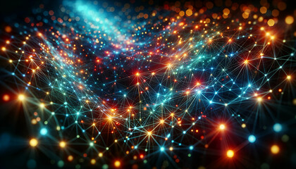 Obraz premium A network of interconnected points with glowing dots visualizing a complex digital connectivity system.