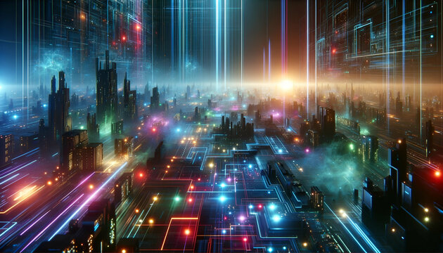 Futuristic city illuminated with neon lights and digital structures in a cyberpunk style visualization.