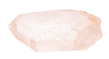 close up of sample of natural stone from geological collection - rough rose quartz crystal isolated on white background