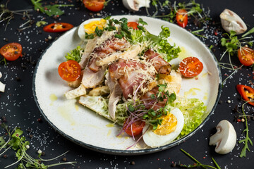 Fresh caesar salad in white plate on dark wooden table. Top view.