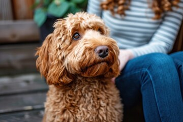 A Cockapoo sitting obediently beside its owner, its expressive eyes brimming with intelligence and loyalty,