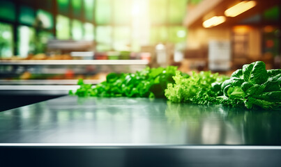 Empty metal table, blurred restaurant kitchen background, copy space