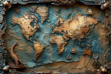 A sculpted 3D nautical map with raised topography, ancient vessels, and sea creatures, in hues of ocean blue and aged gold. - obrazy, fototapety, plakaty