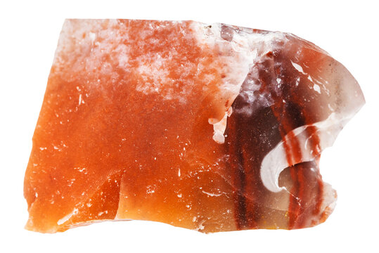 close up of sample of natural stone from geological collection - raw red chalcedony mineral isolated on white background from Jambul, Kazakhstan