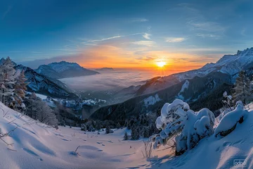 Zelfklevend Fotobehang Panorama of the winter sunrise in the mountains © Barra Fire