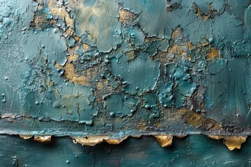 The aged teal paint over metal corrodes into a canvas of verdigris and golden rust. - obrazy, fototapety, plakaty