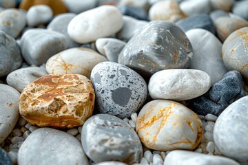 Fototapeta na wymiar A close-up of smooth pebbles in muted tones with distinctive marbled patterns.