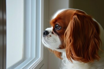 A Cavalier King Charles Spaniel gazing out of a window, its ears perked up in anticipation of the adventures that await beyond the glass,