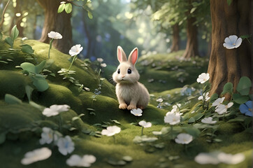 Cute small rabbit in the forest with white flowers around. Generated by Artificial Intelligence.