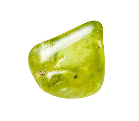 close up of sample of natural stone from geological collection - polished peridot crystal isolated...
