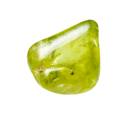 close up of sample of natural stone from geological collection - polished peridot crystal isolated on white background from Pakistan