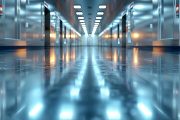 Polished steel corridor reflecting fluorescent lighting, creating a futuristic and clean ambiance - obrazy, fototapety, plakaty