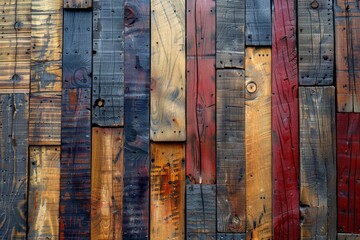 A mix of stained and weathered reclaimed wood planks, featuring a spectrum of earthy hues.