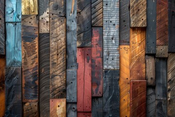 A mix of stained and weathered reclaimed wood planks, featuring a spectrum of earthy hues.
