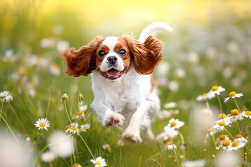 A charming Cavalier King Charles Spaniel puppy frolicking in a field of daisies, its floppy ears bouncing with each playful leap,