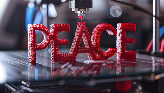 The word "PEACE" printed on a 3D printer has some imperfections.