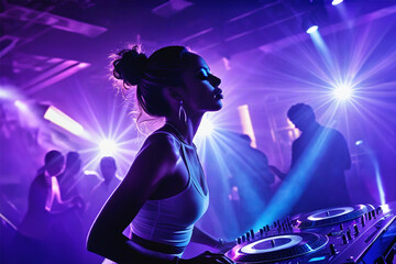 Disco event, DJ dancer woman in neon lights. Sexy girl at the night club party. generative ai
