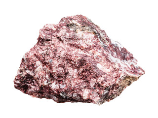 close up of sample of natural stone from geological collection - rough piemontite mineral isolated on white background from Southern Urals