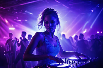 Disco event, DJ dancer woman in neon lights. Sexy girl at the night club party. generative ai