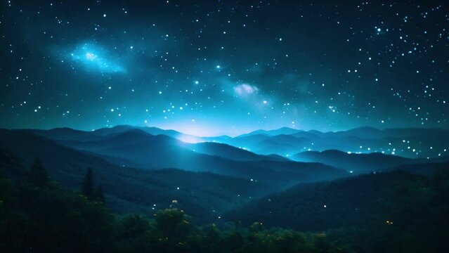 Galaxy landscape stars flickering. Milky Way and pink light at mountains. Night colorful landscape. Starry sky with hills at summer. Beautiful Universe. Space background with galaxy. Travel background