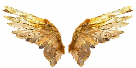 A pair of wings with gold feathers displayed on a plain white background