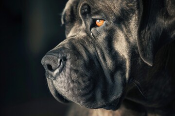 Obraz premium A close-up of a Cane Corso's expressive face, captured in a moment of deep contemplation, with soft, diffused light illuminating its features,