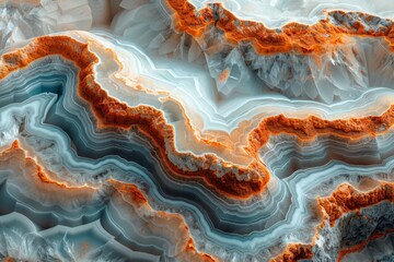 A spectacular agate slice reveals flowing layers of white and deep blue with fiery orange accents, a testament to nature's artistry. - obrazy, fototapety, plakaty