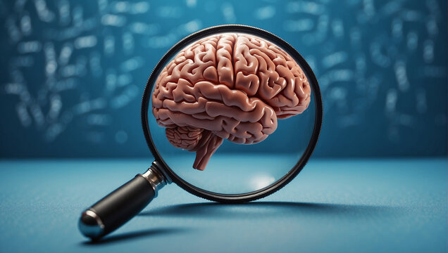 A magnifying glass is held up to a brain