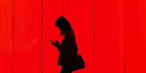 Silhouette of a Person with Smartphone on Vibrant Red Background