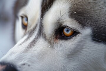A close-up of a Husky's face, its expressive eyes conveying a sense of intelligence and independence,