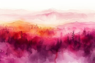 Watercolor landscape blending warm sunrise hues with silhouetted pine trees in a tranquil scene. - obrazy, fototapety, plakaty