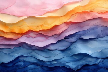 Layered watercolor waves with a soft pastel gradient, flowing from pink to orange and into blue.