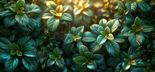 Leaves and flowers with beautiful sunshine. Created with Ai