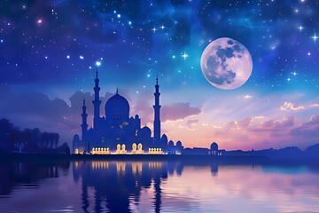 Beautiful landscape mosque at night with crescent moon and starry sky,eid al adha - obrazy, fototapety, plakaty