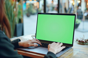 Woman Working on Laptop with Green Screen in Coffee Shop