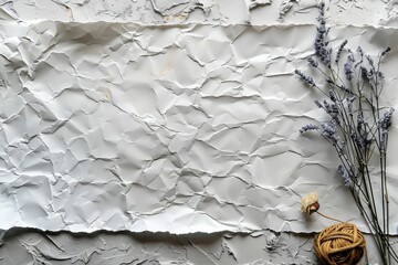 Textured white paint on a surface with crumpled paper effect and lavender flowers.