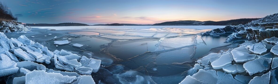 A large body of water covered in thick sheets of ice, with the frozen surface extending to the shorelines
