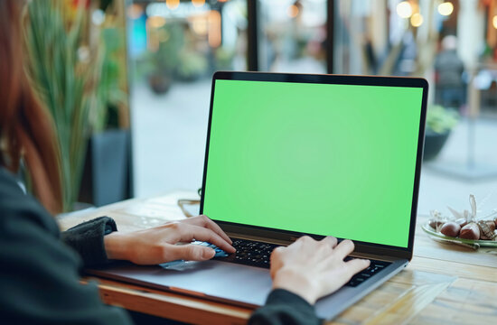 Woman Working on Laptop with Green Screen in Coffee Shop