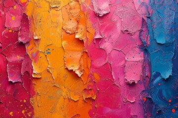 Textured paint layers in vibrant pink, orange, and blue with splatter details.