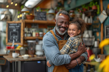 Happy African American entrepreneur hugs his little daughter with a bright smile, in a multi-generational family moment inside his local small business - obrazy, fototapety, plakaty