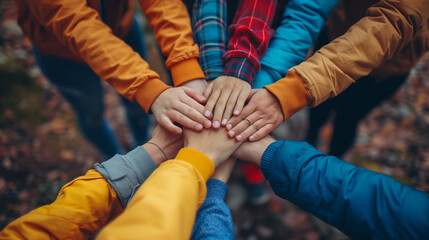 A diverse group of children's camp counselors stack hands together in a show of unity and teamwork, against a blurred autumn background. School activities in nature, environmental education.