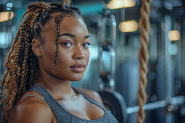 plus size overweight black woman in sportwear doing sport exercises at gym fitness twith sweaty...