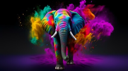 Elephant in colorful paint splashes on black background. Mixed media