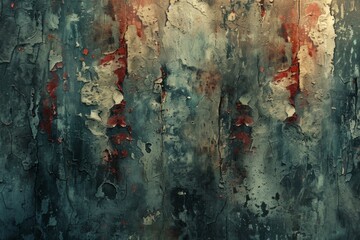 Eroded concrete wall with remnants of red paint, creating a moody abstract texture.