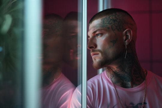 A tattooed man looks out of a window in an office