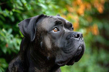 Fototapeta premium A close-up portrait of a Cane Corso, its intelligent eyes glistening with curiosity, against a backdrop of lush greenery,