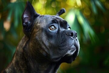 A close-up portrait of a Cane Corso, its intelligent eyes glistening with curiosity, against a backdrop of lush greenery,