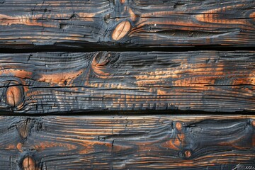 Charred wood planks with deep orange tones, creating a dramatic textured surface.