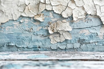 Chipped white and blue paint on wooden planks, with a focused shallow depth of field.